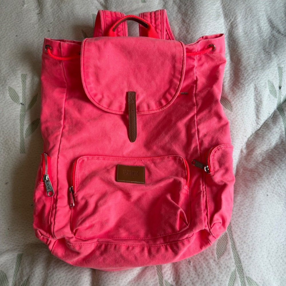 Victoria's Secret PINK Neon Hot Pink Canvas Backpack Rucksack Y2K Preppy